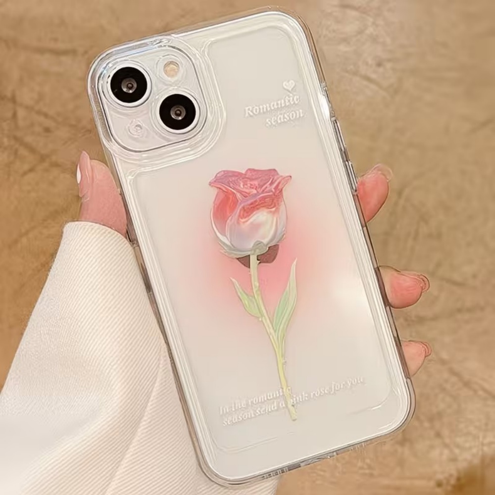 Phone Cases Drop Proof - Estetik Suluboya Gül Desenli Şeffaf Telefon