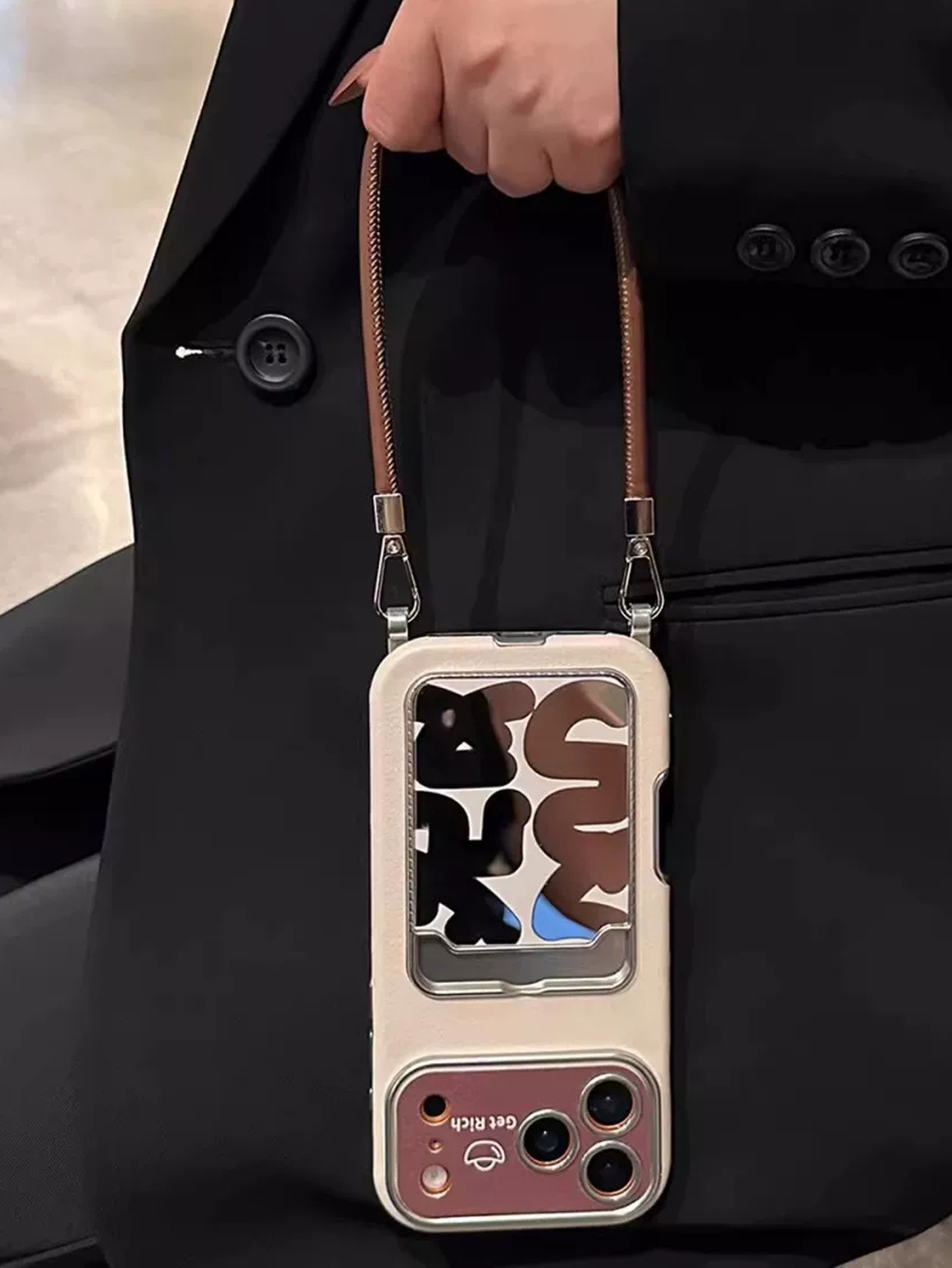 Phone Cases Expensive - Lüks Deri Aynalı Kartlıklı Bileklikli Telefon