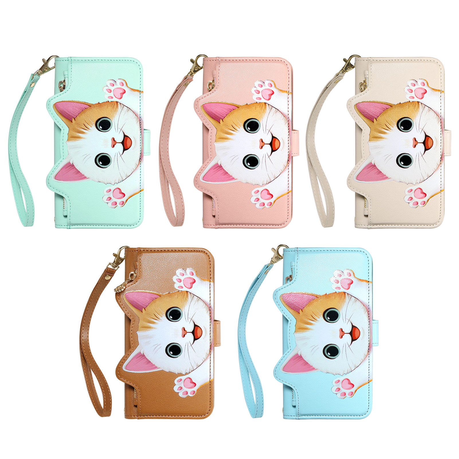 Flip Leather Case - Sevimli Kedi PU Deri Fermuarlı Bileklik