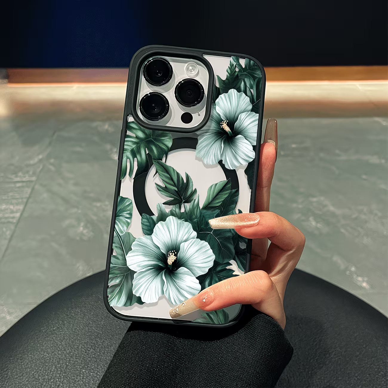 Clear Magsafe Case - Yeşil Çiçek Desenli Telefon Kılıfı iPhone